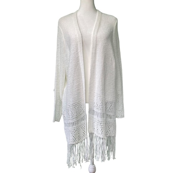 Michael Kors Bright White Crochet Fringe Open Front Cardigan (Size L) - Picture 2 of 14